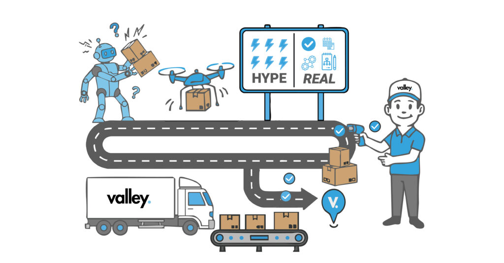 Illustration of Automation in Logistics showing robots, drones, and workers separating hype from real value in supply chain operations.