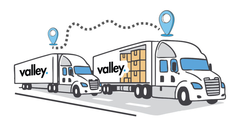 Illustration of Valley trucks on the road, one loaded and one empty, symbolizing the empty mile problem in trucking.