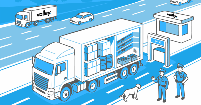 Illustration of police officers, a detection dog, and a checkpoint inspecting a Valley truck loaded with illegal firearms hidden among cargo.