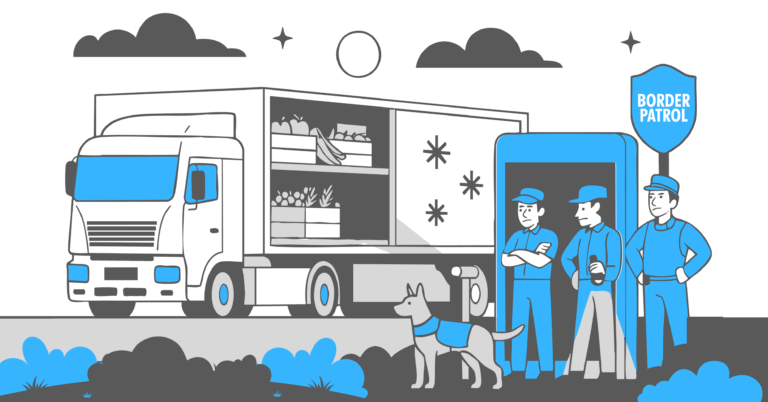Illustration of a refrigerated truck stopped at a border patrol inspection with officers and a K9, symbolizing drug smuggling risks.