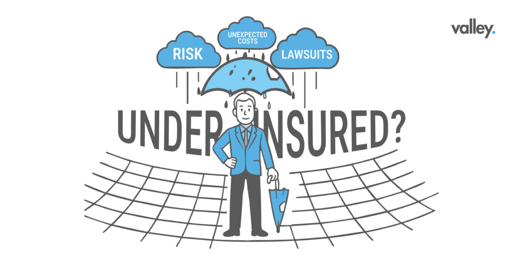 Trucking CEO holding an umbrella with risks like lawsuits, unexpected costs, and underinsurance raining down.