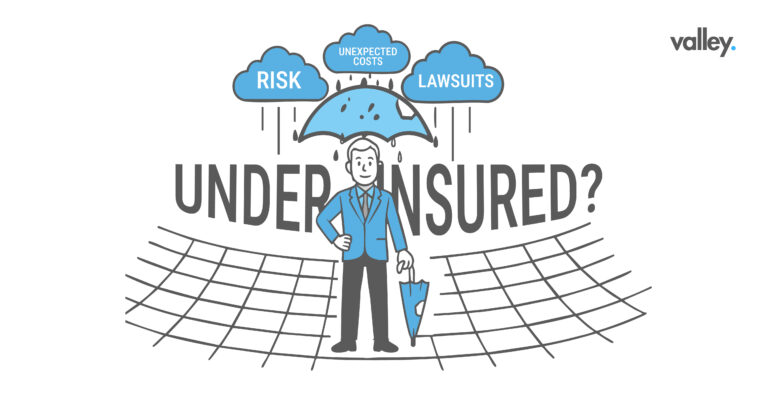 Trucking CEO holding an umbrella with risks like lawsuits, unexpected costs, and underinsurance raining down.