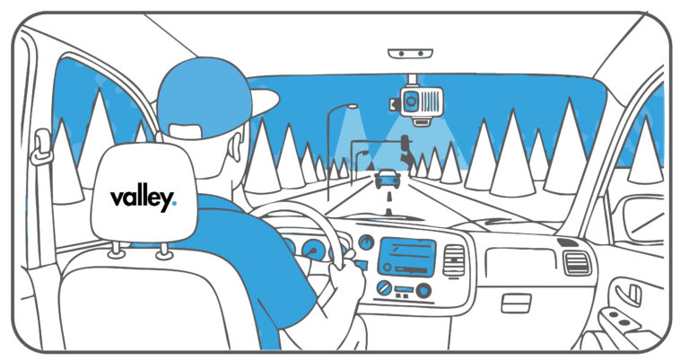 Truck driver’s perspective showing an AI dashcam recording traffic