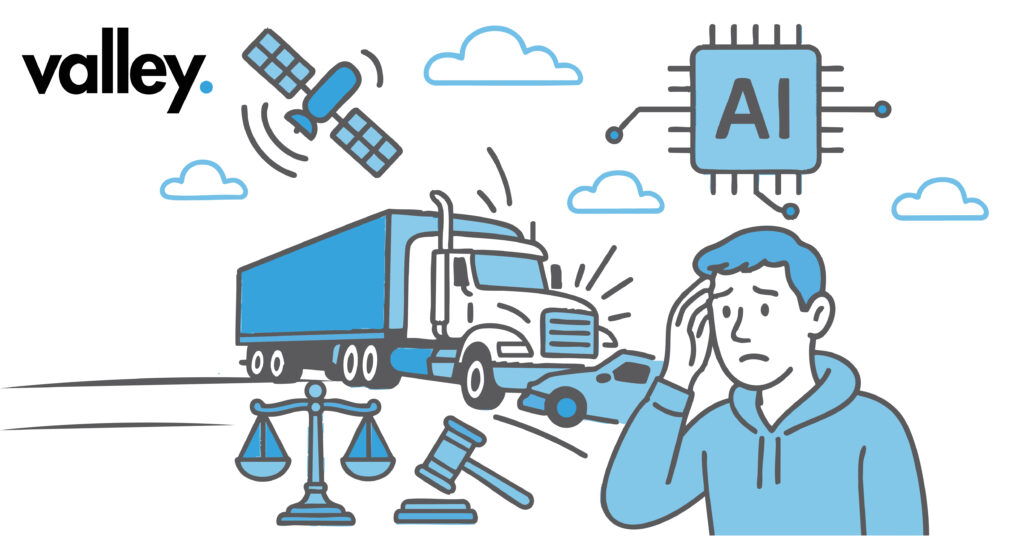 Illustration of AI in Trucking Accidents showing a Valley trucking insurance crash, a driver, AI chip, satellite, and legal icons symbolizing liability issues.