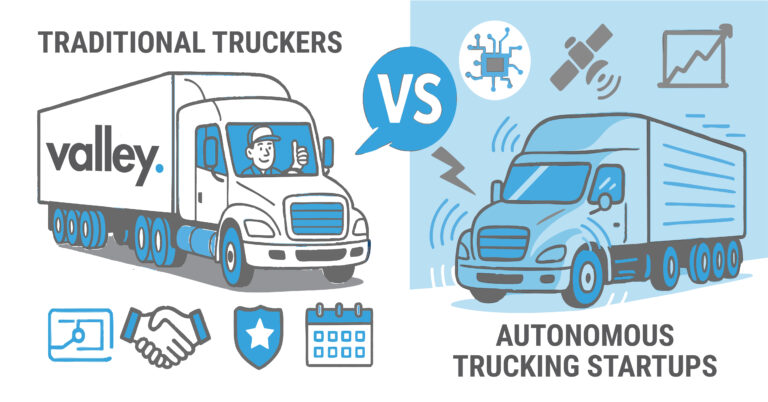 Illustration comparing Autonomous Trucking startups and traditional drivers, showing AI-powered trucks versus human-operated fleets.