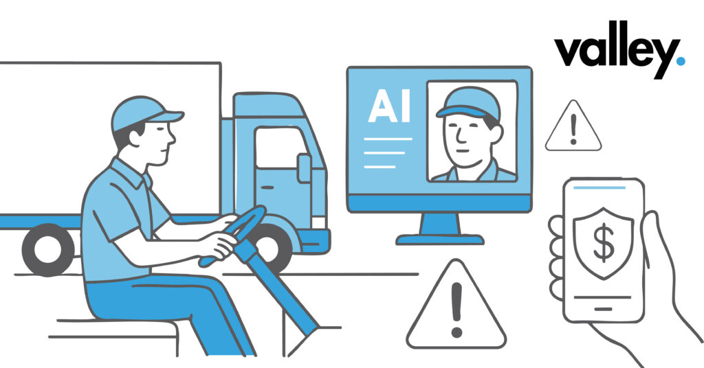 Illustration of Deepfakes in Trucking showing AI-generated driver profiles, fraud alerts, and a Valley Trucking Insurance truck with security symbols.