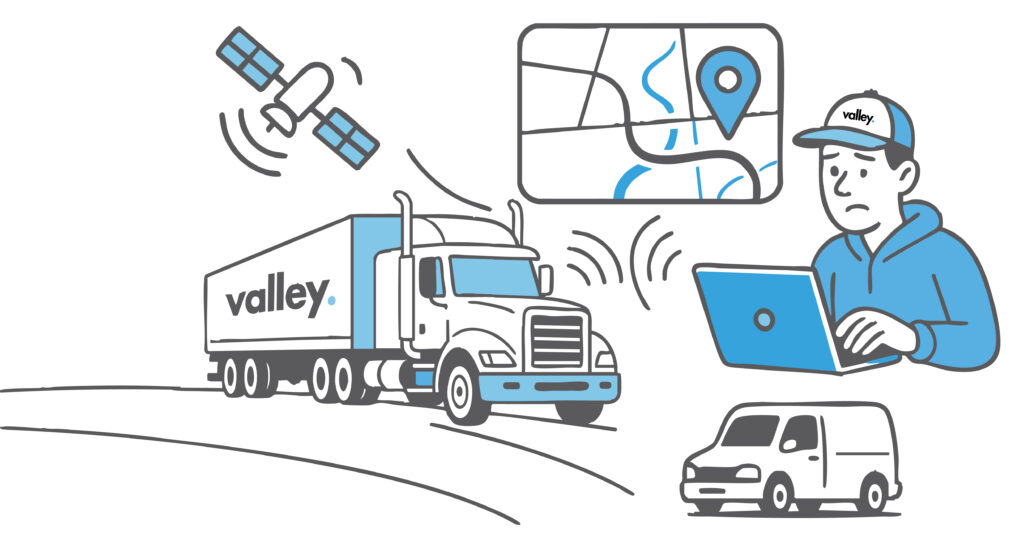 Illustration of GPS Spoofing in Trucking with a Valley truck, satellite signals, a dispatcher on laptop, and a false map location.