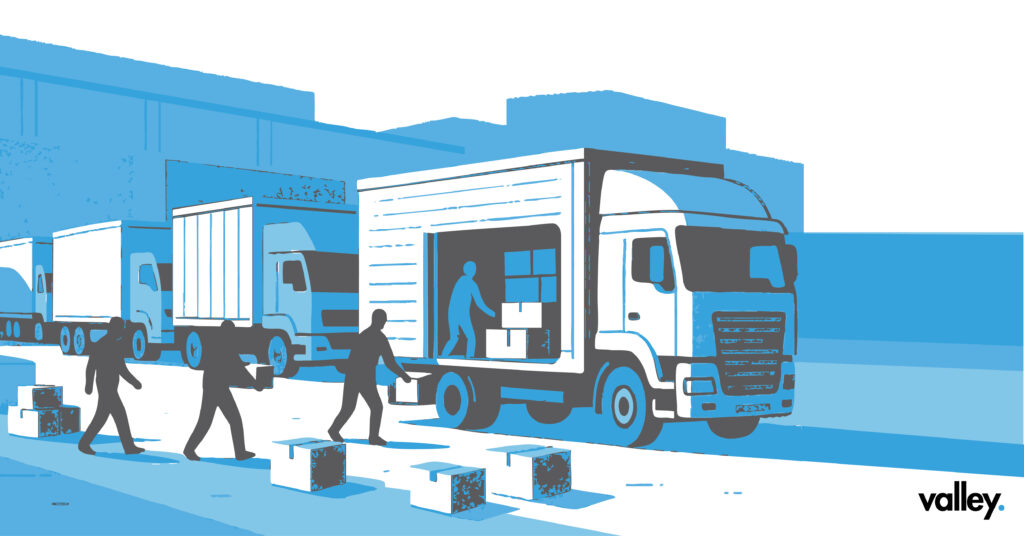 Illustration of Stolen Goods in Trucking showing shadowy figures with contracts and trucks, symbolizing how fleets are exploited for theft.