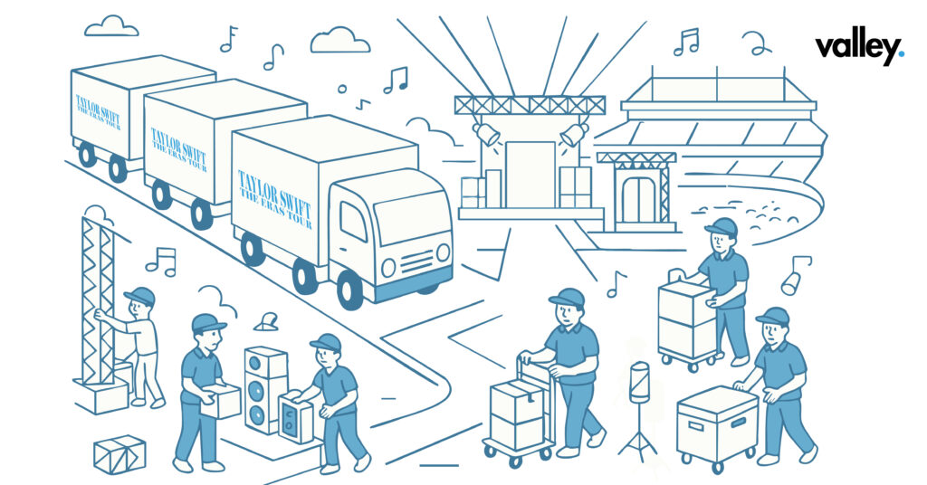 Fleet of trucks transporting concert equipment for Taylor Swift Eras Tour