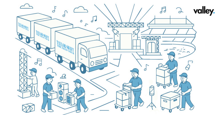 Fleet of trucks transporting concert equipment for Taylor Swift Eras Tour