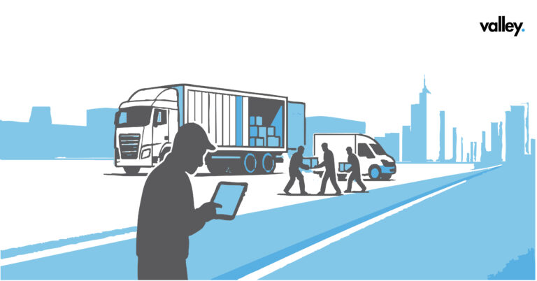 Illustration of Truck Hijackings showing a Valley truck and thieves unloading cargo while a silhouette figure monitors on a tablet.