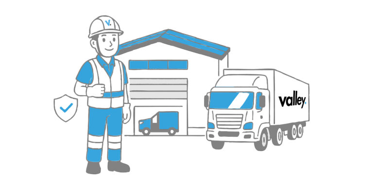 Illustration of Trucking Safety Programs showing a Valley safety officer, trucks, and a depot symbolizing fleet safety and maintenance.