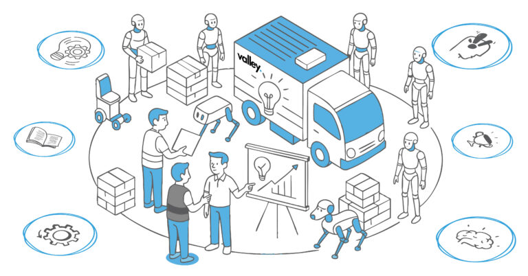 Illustration of Trucking Safety Programs showing a Valley safety officer, trucks, and a depot symbolizing fleet safety and maintenance.