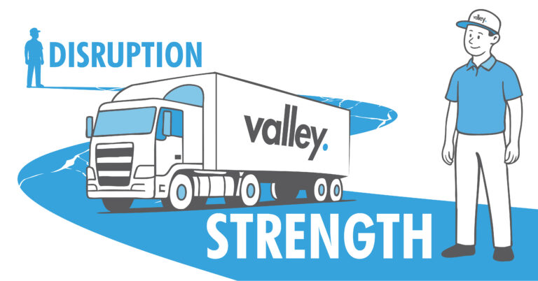 Truck fleet moving through storm representing logistics resilience and adaptation