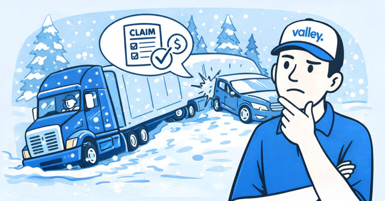 Semi truck operating on icy winter highway conditions impacting trucking insurance claims