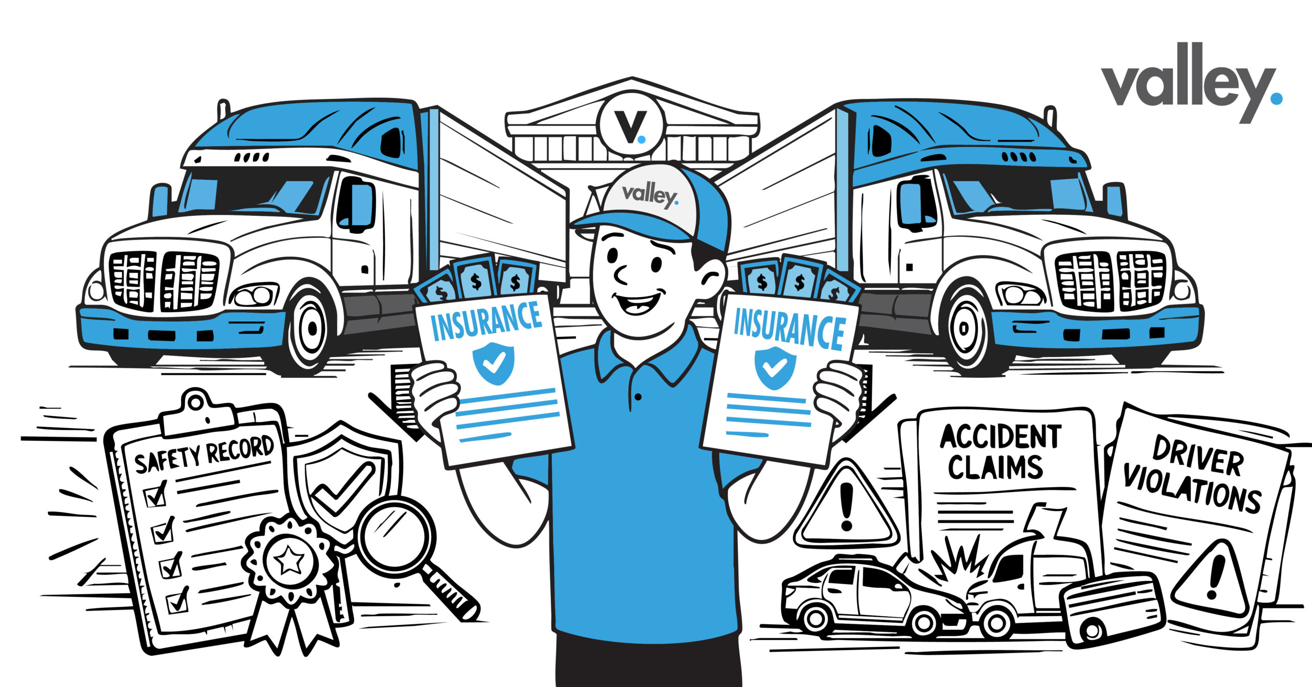 Two similar semi trucks parked side by side illustrating why two trucking companies pay different insurance rates