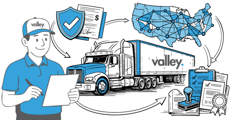 Fleet owner reviewing paperwork before leasing a truck that’s already insured