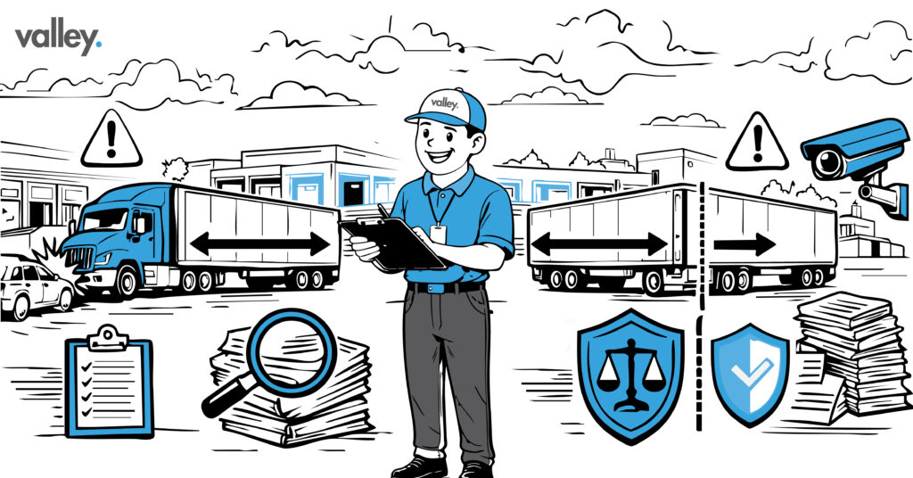 Fleet manager reviewing trailer pool insurance liability exposure in a commercial trucking yard