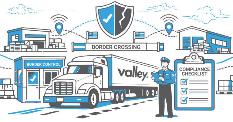 U.S. fleet truck moving through a border commercial lane illustrating how cross-border loads affect trucking coverage
