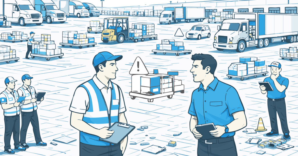 Semi-truck parked at freight yard during overnight layover delay