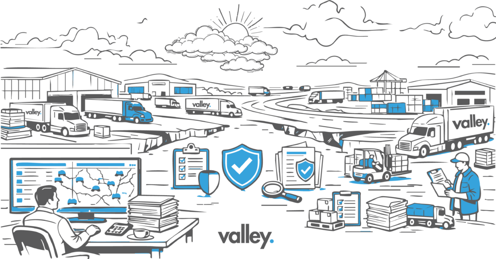 Owner-operator reviewing load board paperwork in truck cab, examining trucking insurance coverage