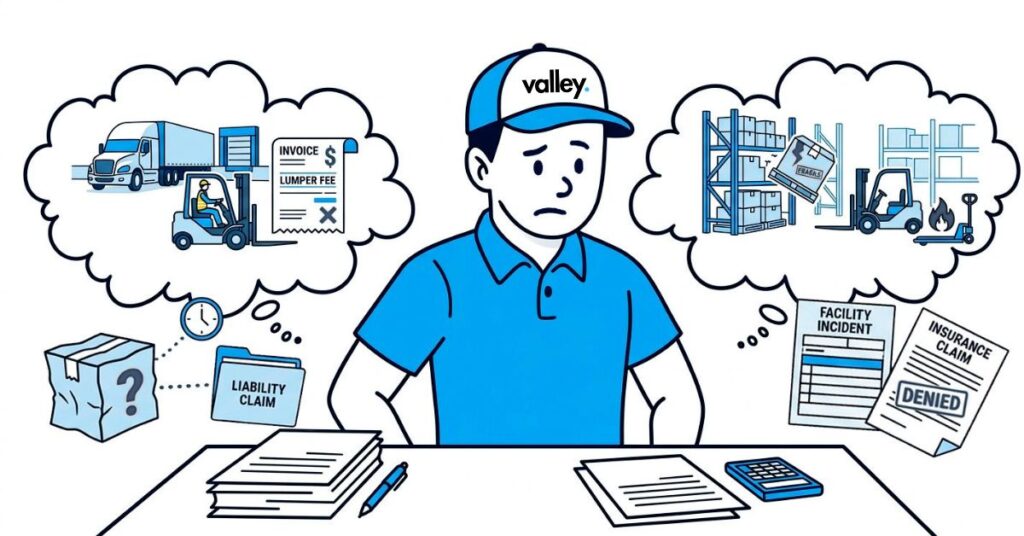 Owner-operator reviewing paperwork at a warehouse loading dock while lumpers unload freight from a dry van trailer