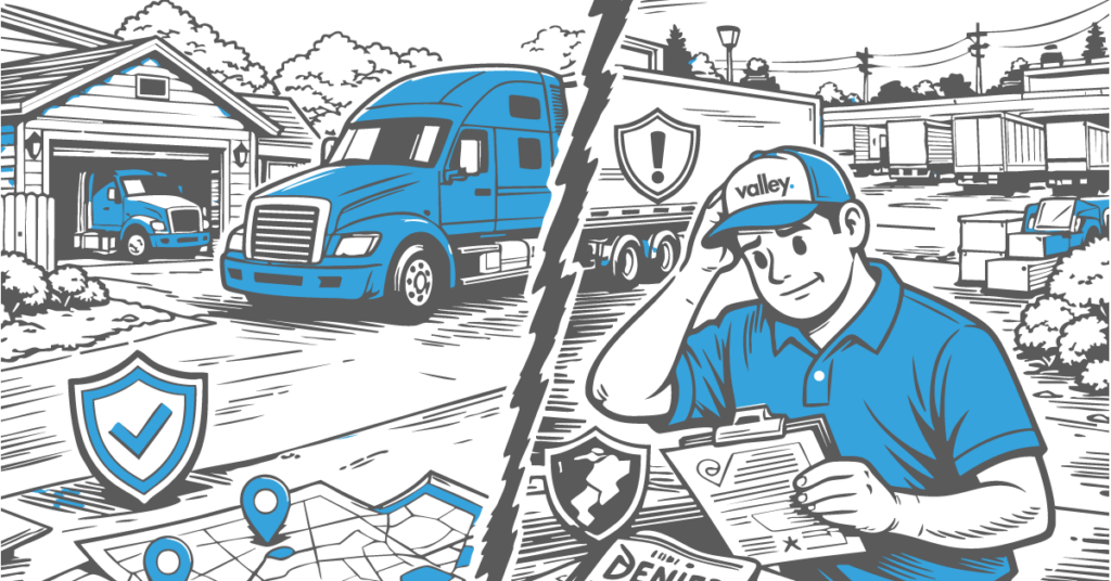 Owner-operator semi-truck parked at a residential property, illustrating personal garaging truck insurance exposure