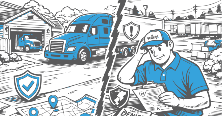 Owner-operator semi-truck parked at a residential property, illustrating personal garaging truck insurance exposure