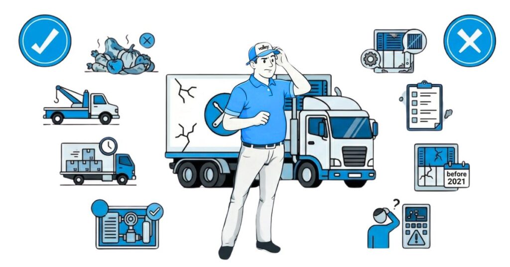 Semi-truck with refrigerated trailer pulled over on highway shoulder, driver checking temperature-damaged cargo for a reefer breakdown insurance claim