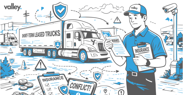 Fleet owner reviewing insurance paperwork beside a short-term leased truck at a freight yard