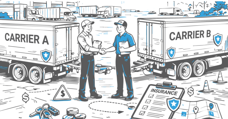 Semi-truck driver completing a trailer swap at a freight yard, illustrating trailer swap liability in trucking operations