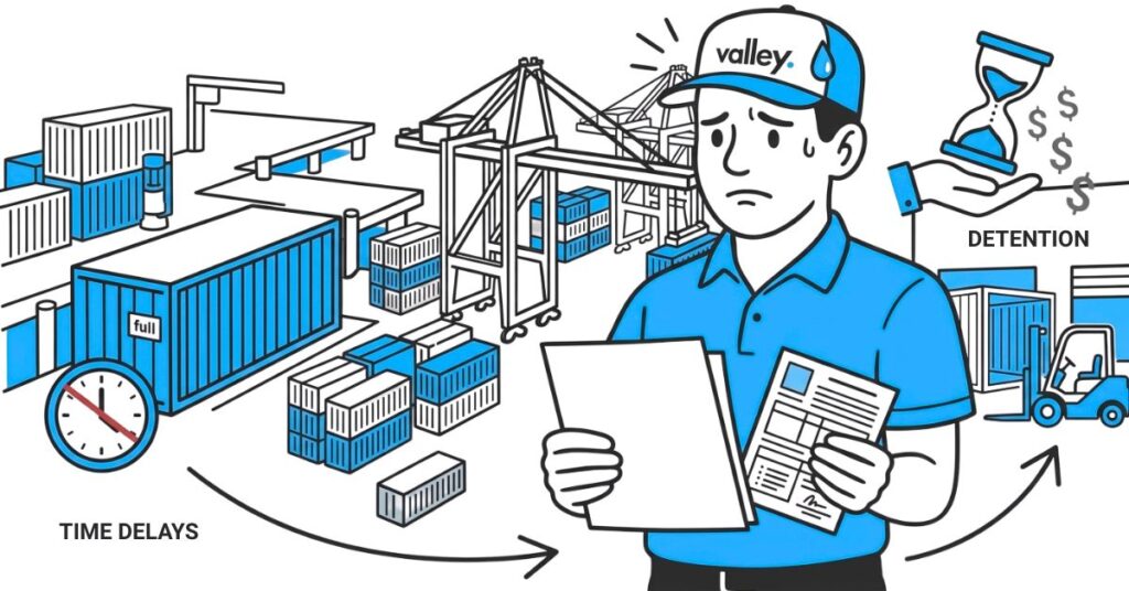 Semi-truck driver waiting at loading dock — detention time insurance risk for trucking fleets