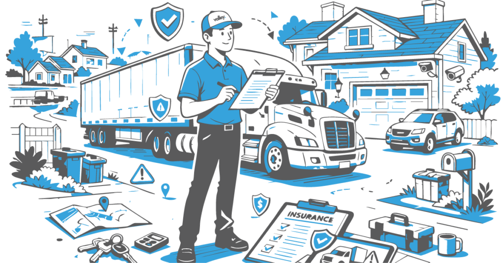 Semi-truck parked in a residential driveway overnight, illustrating trucking insurance risks when drivers take trucks home