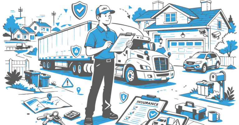 Semi-truck parked in a residential driveway overnight, illustrating trucking insurance risks when drivers take trucks home