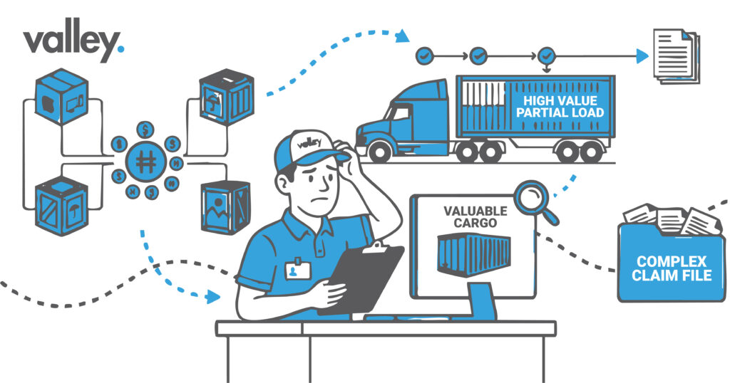 Truck driver reviewing freight manifest beside a trailer loaded with high-value partial load cargo at a loading dock