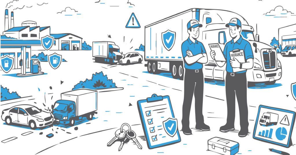 Two truck drivers swapping positions at a rest stop, illustrating team driver insurance coverage and shared liability in trucking operations