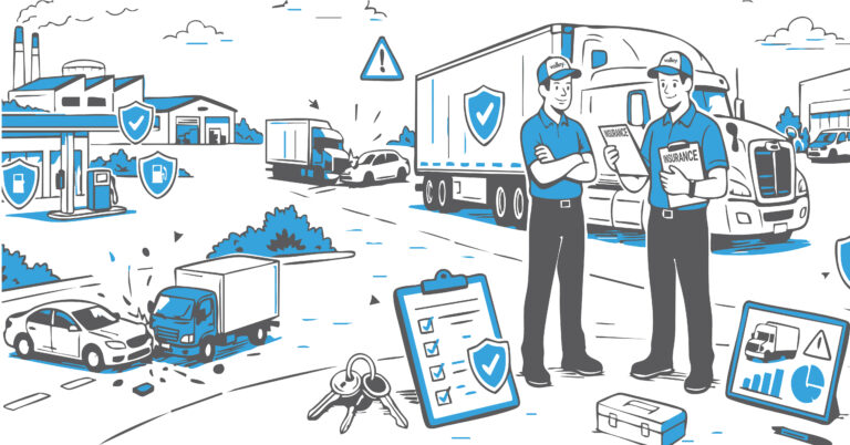 Two truck drivers swapping positions at a rest stop, illustrating team driver insurance coverage and shared liability in trucking operations