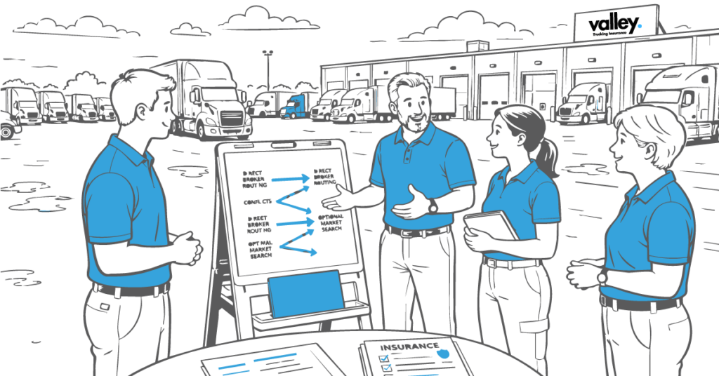 Truck driver reviewing broker dictated routing instructions on a clipboard inside cab, illustrating broker routing liability