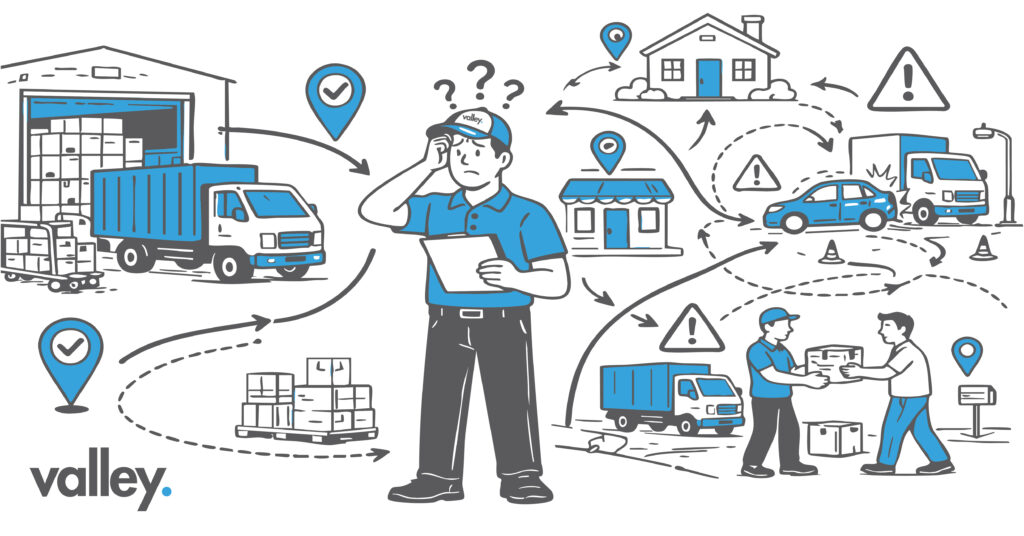 Commercial delivery truck driver reviewing multi-stop route manifest at loading dock, illustrating liability risks in multi-stop trucking delivery routes