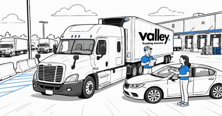 Two semi-trucks involved in a parking lot accident at a shipper yard showing the typical liability scenario in trucking