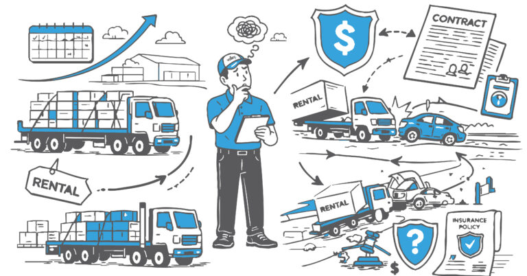 Semi-truck driver inspecting a rented trailer at a freight terminal, illustrating rental trailer insurance coverage needs for trucking fleets