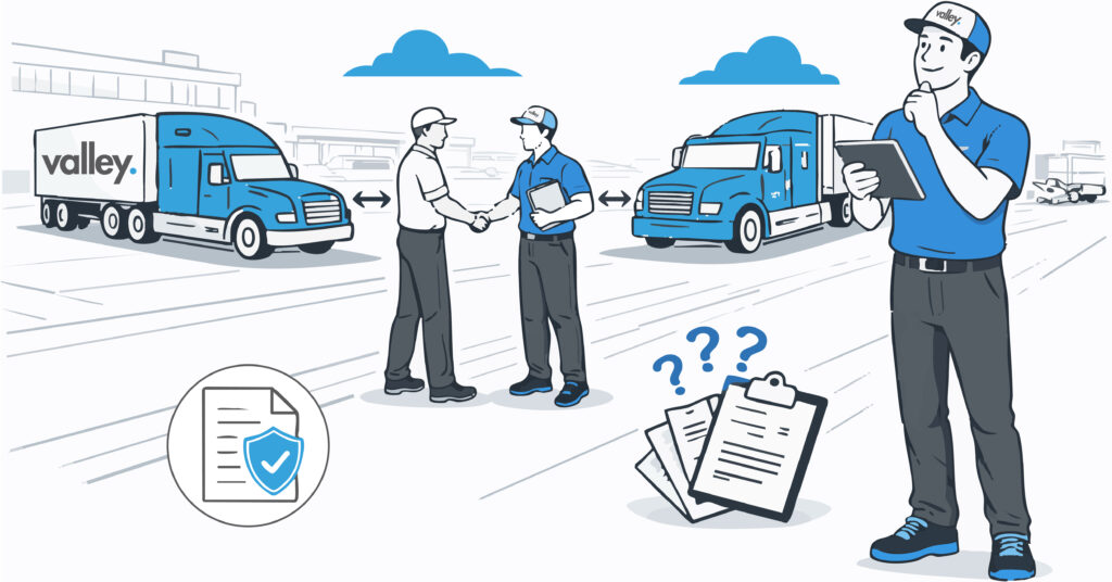 Two truckers exchanging paperwork during a load transfer at a freight yard, illustrating subhauling insurance gaps trucking operations face