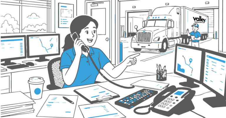 Dispatcher on phone and truck driver on radio illustrating verbal dispatch instructions trucking insurance risk