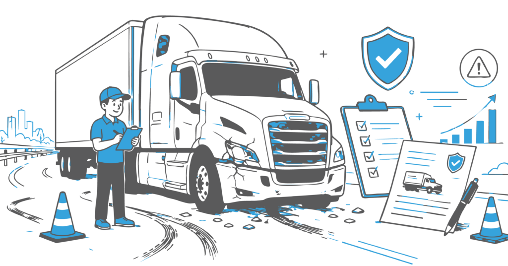 Fleet driver reviewing paperwork in a parked semi-truck cab — CDL driver accident insurance impact concept