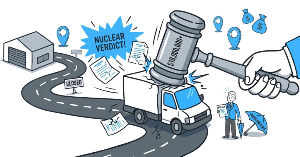 Class 8 tractor-trailer on rural interstate at dusk illustrating nuclear verdicts trucking insurance exposure
